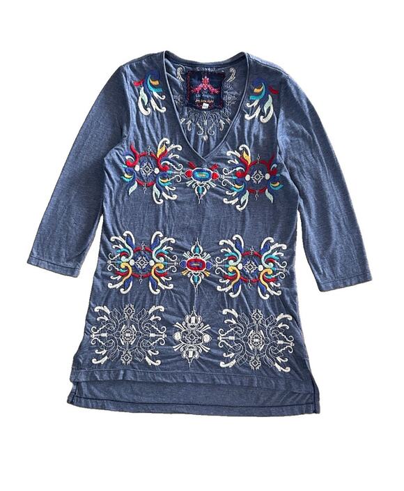 Johnny Was Tops - Johnny Was Los Angeles Embroidered Blue V-Neck Top 3/4 Sleeves Size S Boho